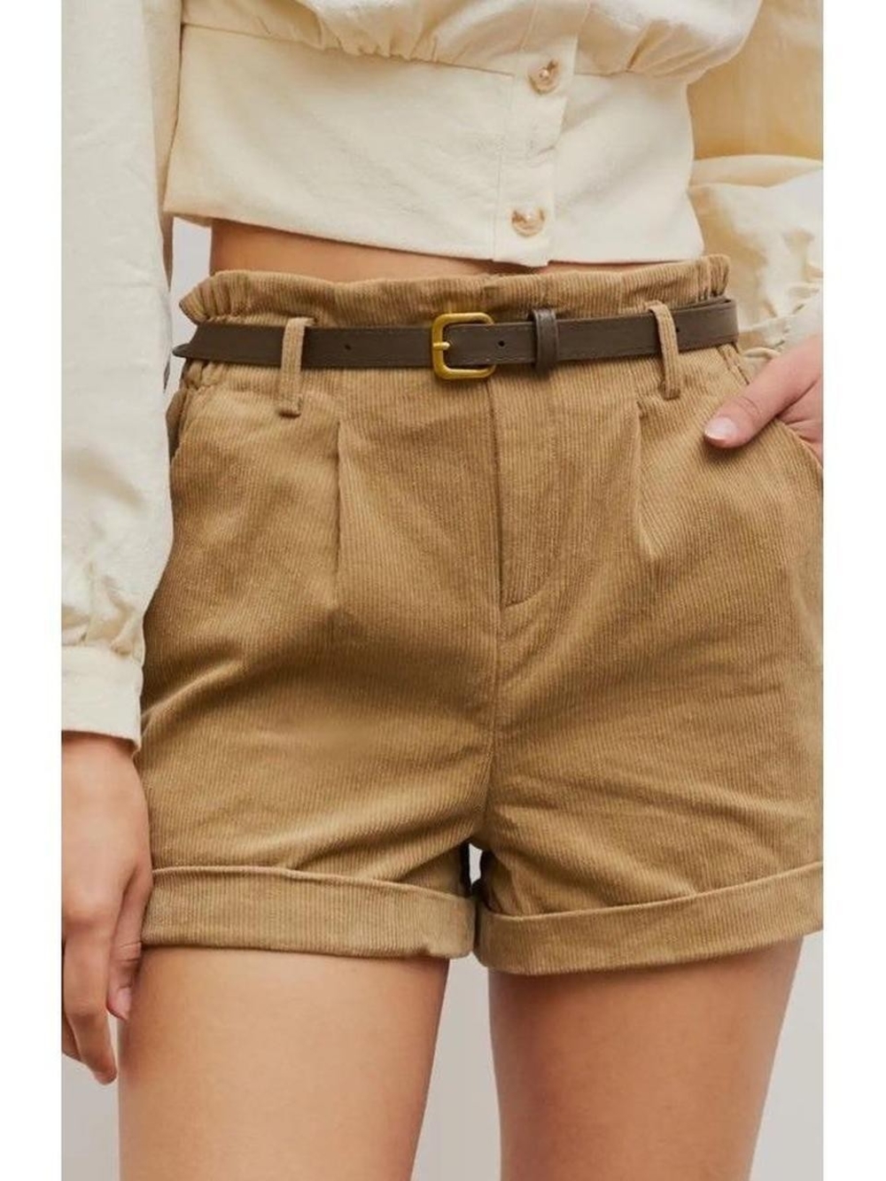 Cider High-Rise Paperbag Corduroy Shorts in Camel